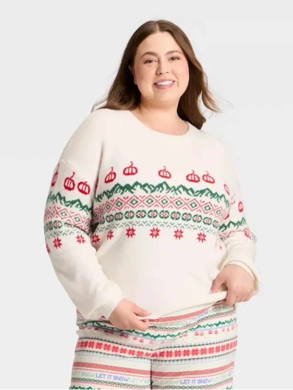 Wondershop Cream Crewneck Sweater with Red & Green Fair Isle Pattern